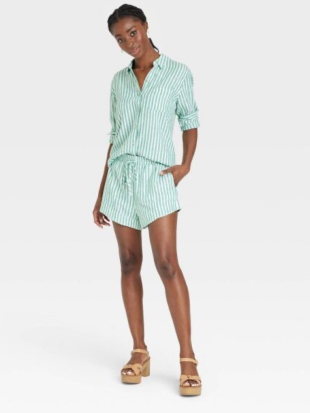 Womens Universal Thread Stripped Green Button-Up Shirt & Drawstring Shorts Set